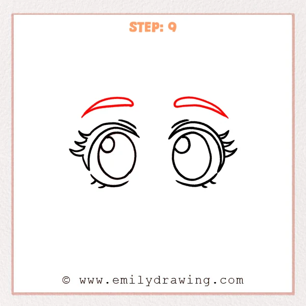 how to draw an anime eyes - Step 9: Two curved eyebrows are added above the cute cartoon eyes, with refined line thickness.